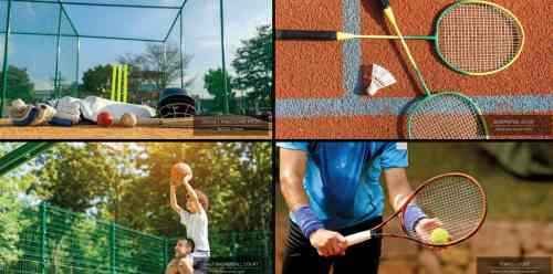 Sports amenities at Signature Global Titanium, Sector 71, Gurgaon, including a cricket practicing pitch, badminton court, half basketball court, and tennis court.