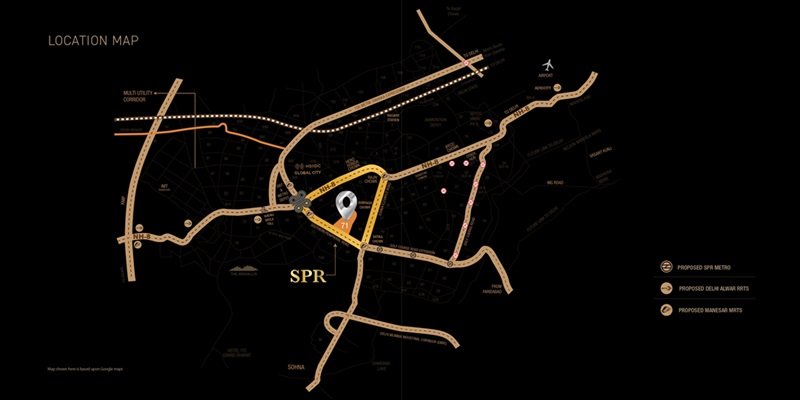 Location map of Signature Global Titanium, Sector 71, Gurgaon, showcasing easy connectivity to SPR, Dwarka Expressway, Golf Course Road, Sohna Road, NH 8, proposed SPR Metro, proposed Delhi Alwar RRTS, and proposed Manesar MRTS.